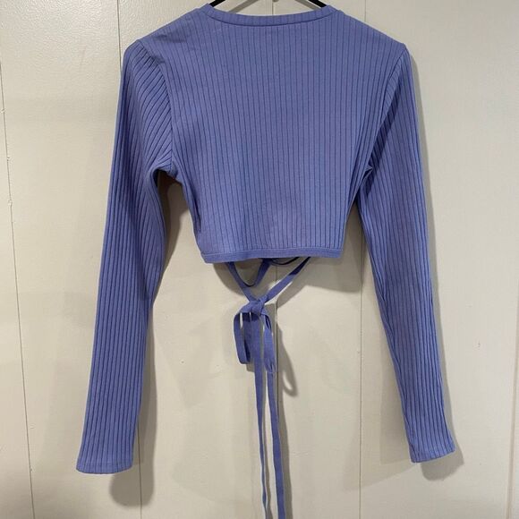 ZARA Ribbed Lavender Tie Front Long Sleeve Crop Top Women’s Size Large - Picture 2 of 3